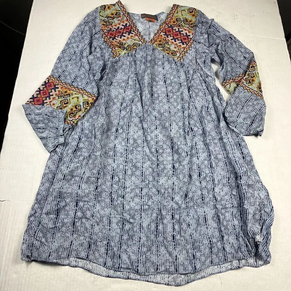 Anthropologie Bhanuni by Jyoti Shift Dress Blue Embroidered Loose Fit Boho XS